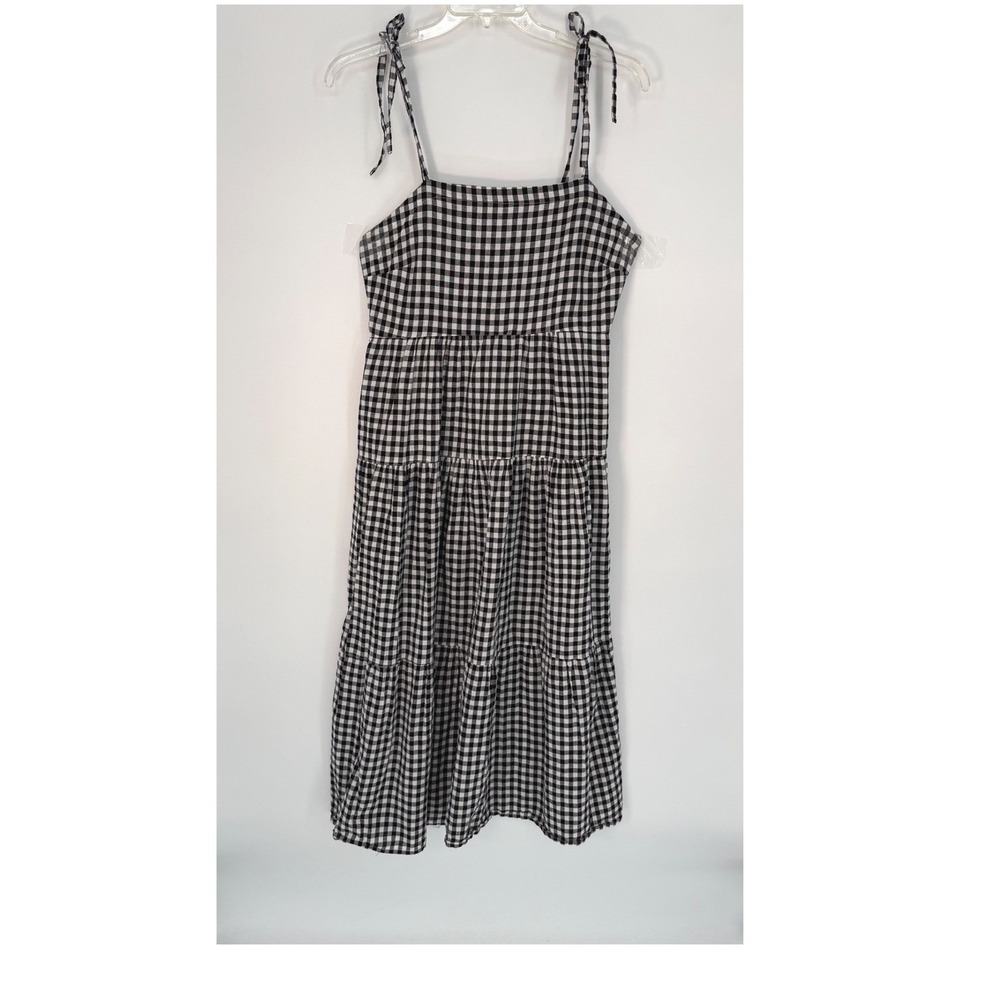 Hunkemoller Gingham Check Tiered Midi Dress Tie Shoulder Black White L 101-33 - Picture 2 of 14